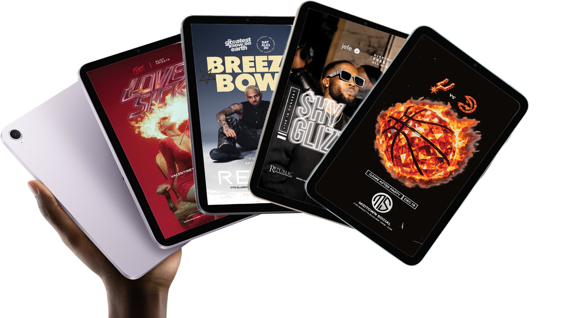 Five iPads fanned out showing cinematic AI Enhanced flyers