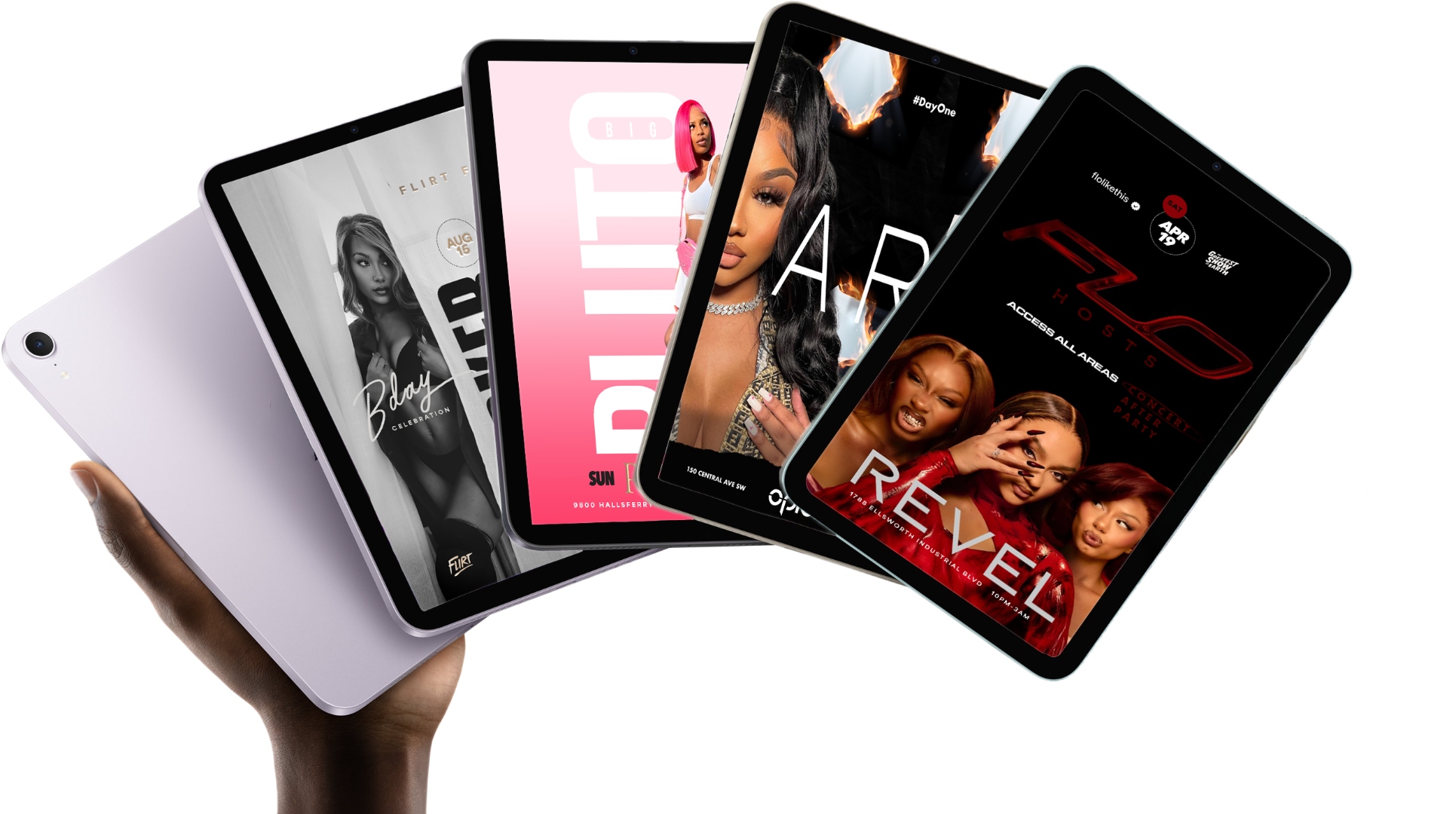 Five iPads fanned out in hand showing premium event flyers