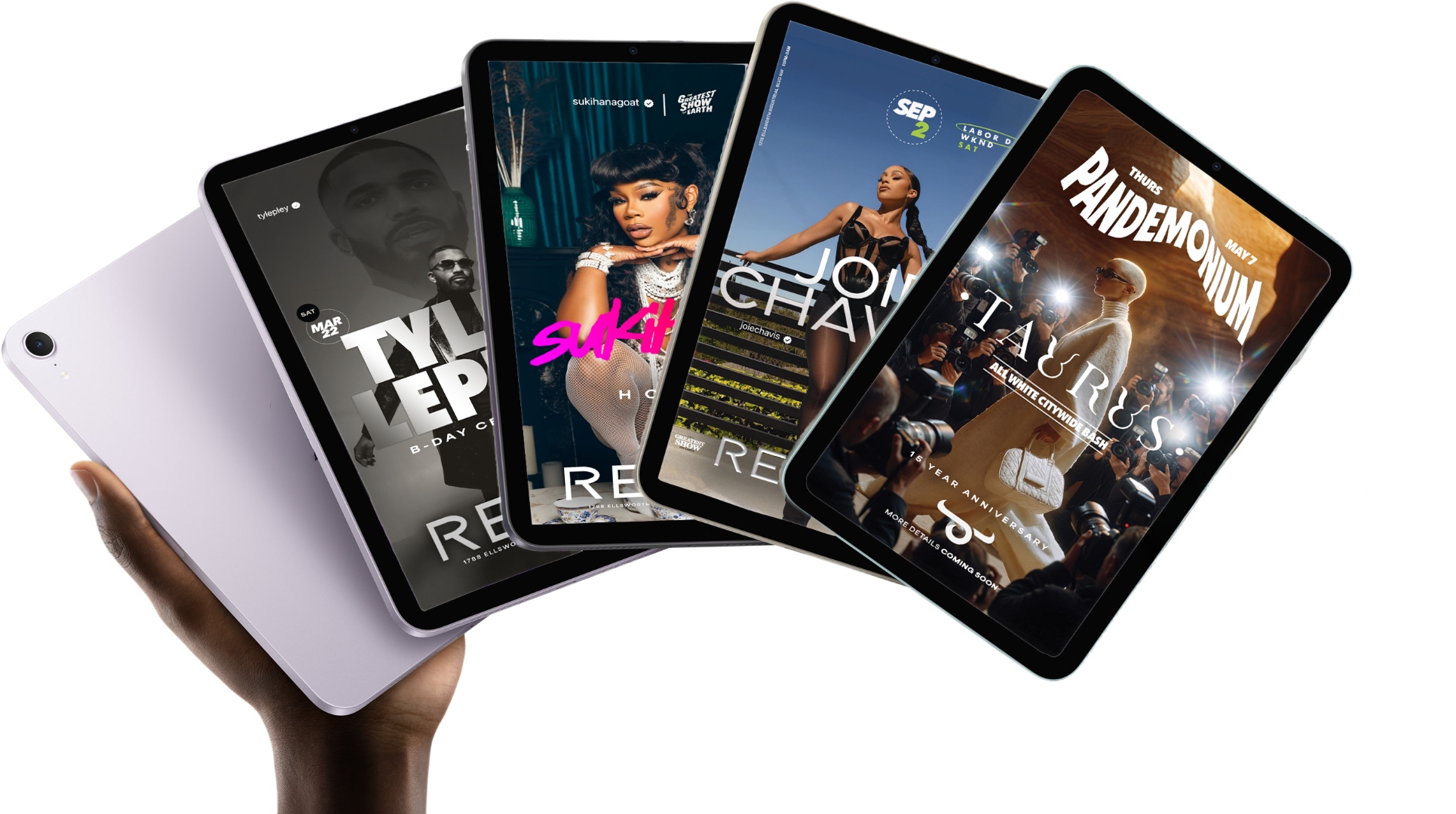Four iPads fanned out, held in a hand
